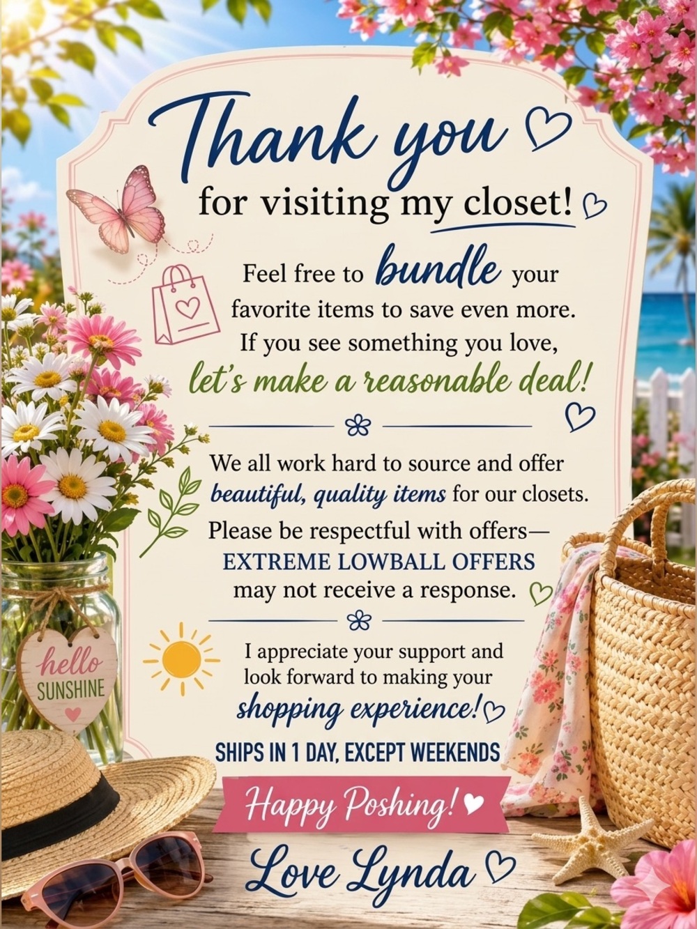 Thank You Closet Sign - Floral Beach Art Print in Pastel Pink & Blue